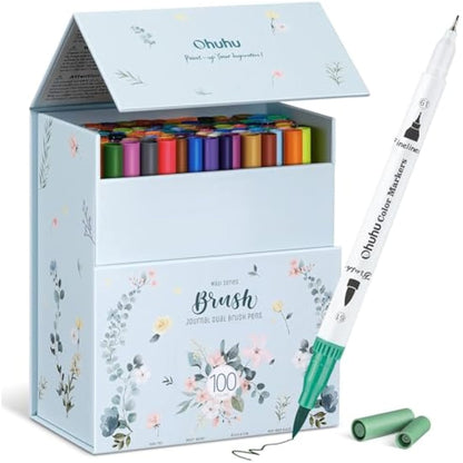 Ohuhu 100 Colouring Pens, Dual Tip Brush Pens Felt Tip Pens, Art Markers Set with Fineliner, for Kids Adults Colouring Book Drawing Calligraphy Sketching Journal, Maui - White Storage Case