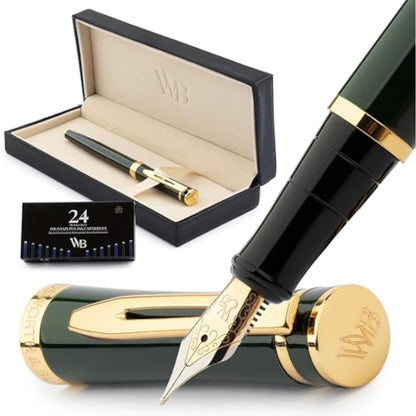 Wordsworth & Black Fountain Pen Set, Medium Nib, Includes 24 Ink Cartridges and Ink Refill Converter, Gift Case, Journaling, Calligraphy, Smooth Writing Pens [Racing Green], Perfect for Men and Women