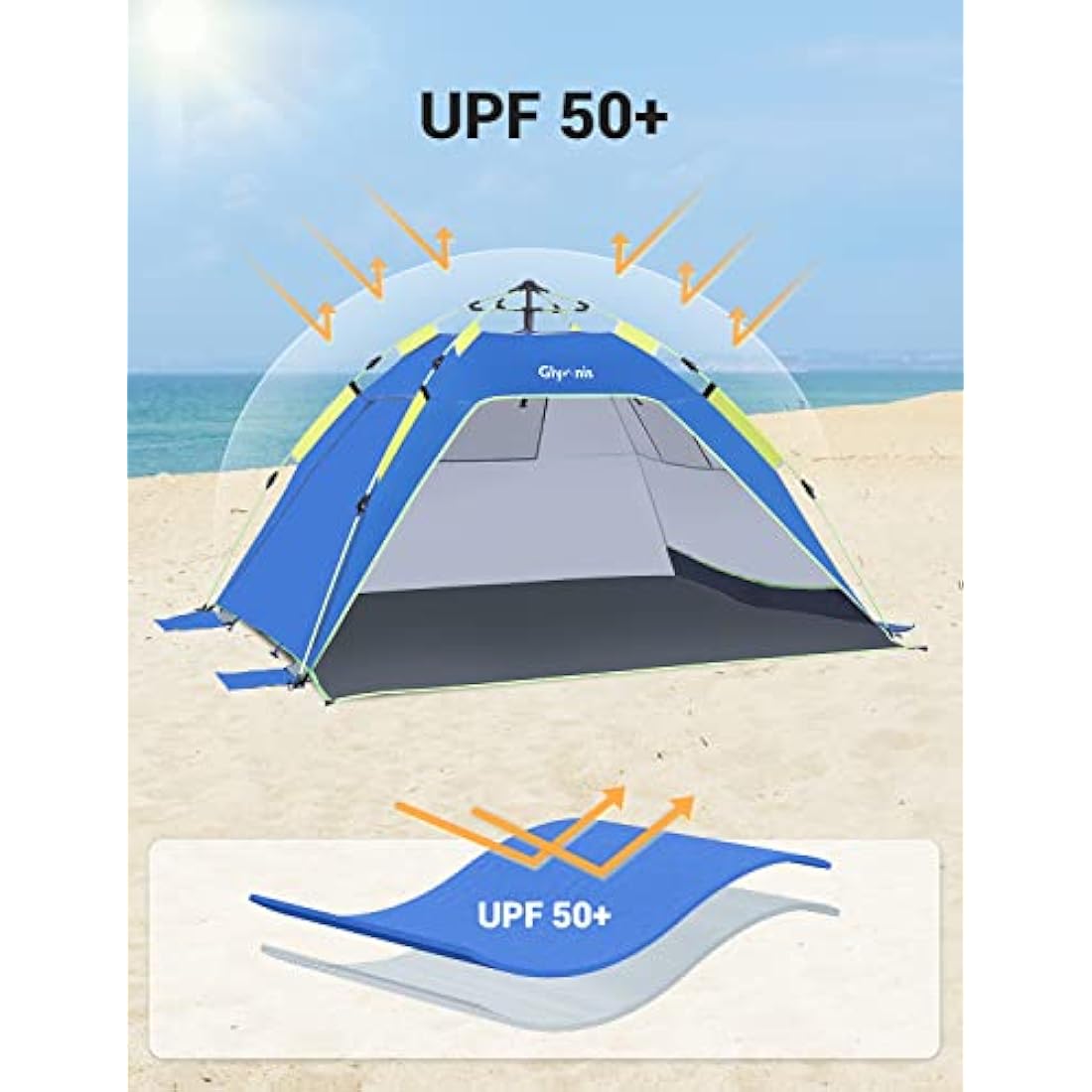 Glymnis Pop Up Beach Tent 3-4 Person Instant Pop Up Automatic Beach Tent UV Protection with Side Door, Easy Setup Portable Sun Shelter for Garden, Fishing, Picnic
