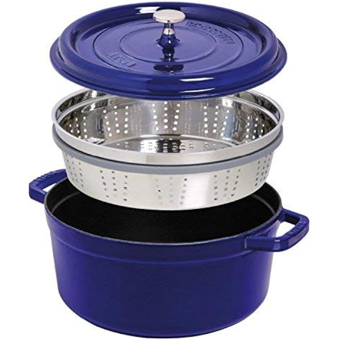 STAUB Cast Iron Roaster/Cocotte with Steamer Insert, Round, 26 cm, 5.2 L, With matte black interior enamel, Dark Blue