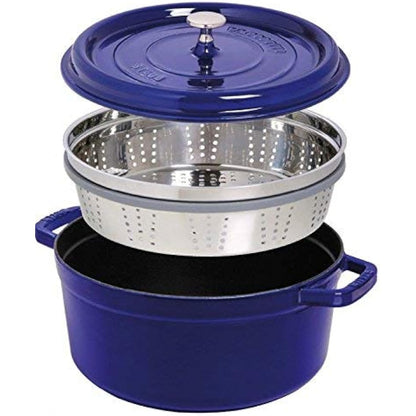 STAUB Cast Iron Roaster/Cocotte with Steamer Insert, Round, 26 cm, 5.2 L, With matte black interior enamel, Dark Blue