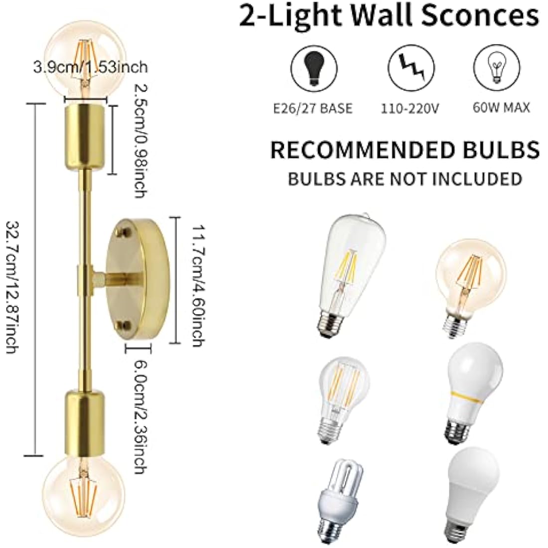 Brushed Gold Wall Sconces, Dual Socket E27 Lampholder Vanity Wall Lights Wall Lighting Fixtures for Bathroom,Living Room,Bedside, Set of 2(No Bulbs)
