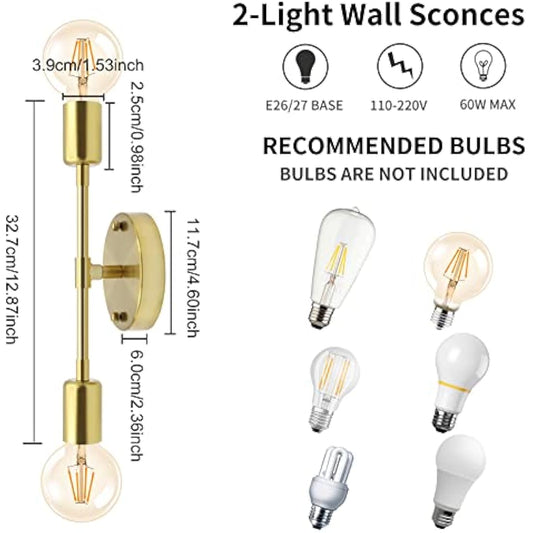 Brushed Gold Wall Sconces, Dual Socket E27 Lampholder Vanity Wall Lights Wall Lighting Fixtures for Bathroom,Living Room,Bedside, Set of 2(No Bulbs)