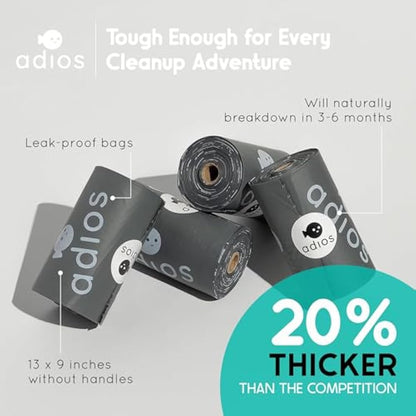 Adios Plastic - Compostable Dog Poo Bags, 360 Count (24 Rolls) - Leak‑Resistant, Extra Thick, Odour Proof Dog Waste Bags – Made from Highest Rated EN13432 Certified Cornstarch - Slate Grey