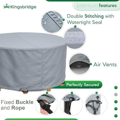Kingsbridge Round Garden Furniture Table Cover (150cm) 600D Heavy Duty Fabric, Double Stitching, Waterproof, Anti UV, Breathable, Rip Proof, 150 x 69cm Grey Outdoor Patio Furniture Protector