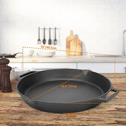 onlyfire Cast Iron Pan Serving Pan Frying Pan Casserole 13.8 inch Pre-Seasoned BBQ Grill Pan for Gas Grill, Charcoal Grill Frying Pan, Pizza Pan, Oven