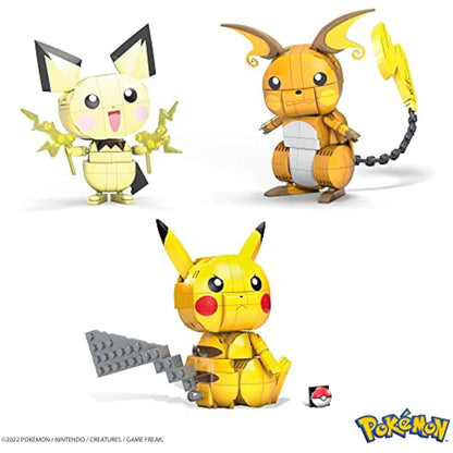 MEGA Pokémon Action Figures Toy Building Set, 4 Inch Pikachu, Raichu and Pichu Build n Show Pikachu Evolution Trio with Poke Ball Pin