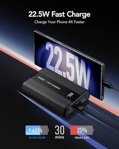 VRURC Power Bank 20000mAh,Portable Charge Fast Charging USB C 22.5W Small Battery Pack PD QC 3.0 with 3 Input &4 Output Compatible iPhone Samsung,Smartphones Tablets and More