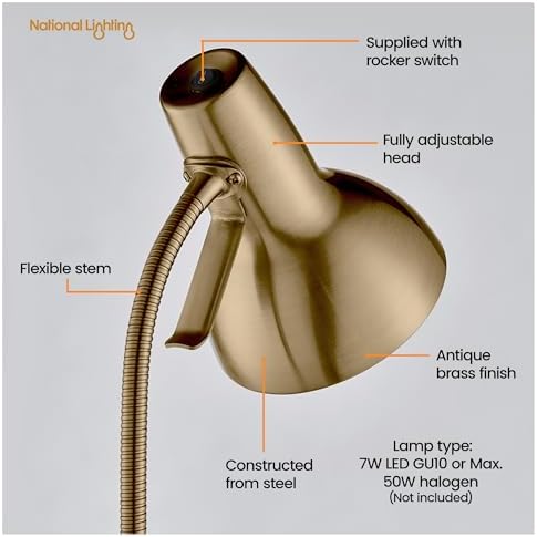 National Lighting Table Lamp - Bedside Lamp with USB Port - Gooseneck Desk Light - LED Reading Light for Bedroom, Living Room, Dining Room and Kitchen - 7W GU10