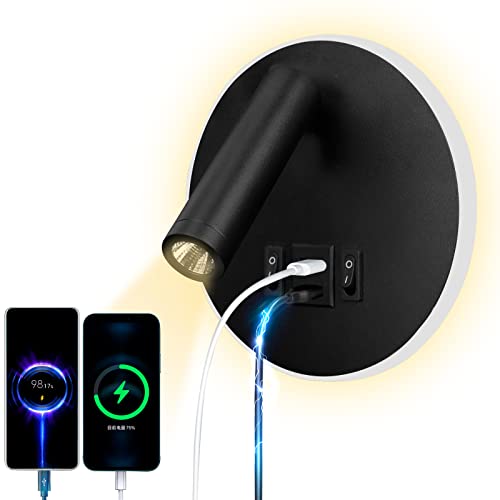 uksunvi LED Reading Lamp Wall Lamp USB Type-C Two Charge Mouth Switch Adjustable 12W LED Spotlight 3000K Wall Lamp Aluminum Bed Lamp Rotatable (Round