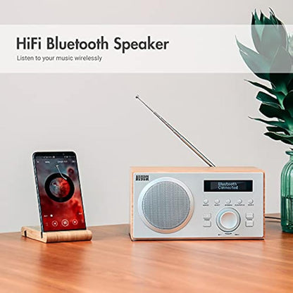 August MB420 DAB+ Radio with Bluetooth Speaker – Digital DAB & FM Radio with 30 Station Presets, Dual Alarm Clock, Sleep Timer, 5W Bass Reflex Stereo Speakers, Aux/USB/Mains Power, LCD Display – Oak