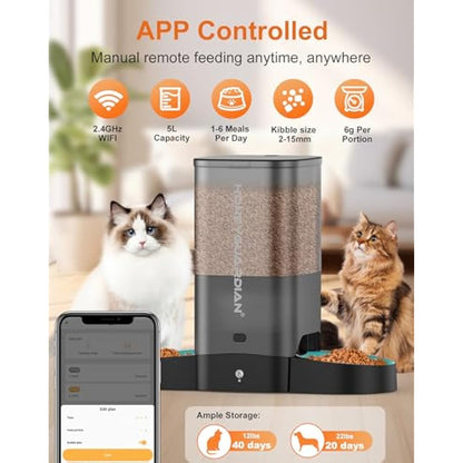 HoneyGuaridan Automatic Cat Feeder, 2.4G WiFi Smart Pet Feeder with APP Control for Remote Feeding, 3.5L Timed Cat Food Dispenser Programmable 1-6 Meals, for 2 Cats & Dogs (with Slow Feeder Bowls)