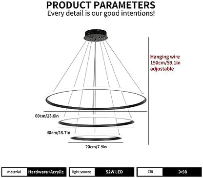 Led Pendant,Dimmable 3 Ring Acrylic Chandelier Lighting Fixture,Black Adjustable Chandeliers Ceiling Light for Kitchen Island Dining Room Living Room Bedroom Foyer Hanging 20+40+60Cm/(7.87+15.7+23.6)
