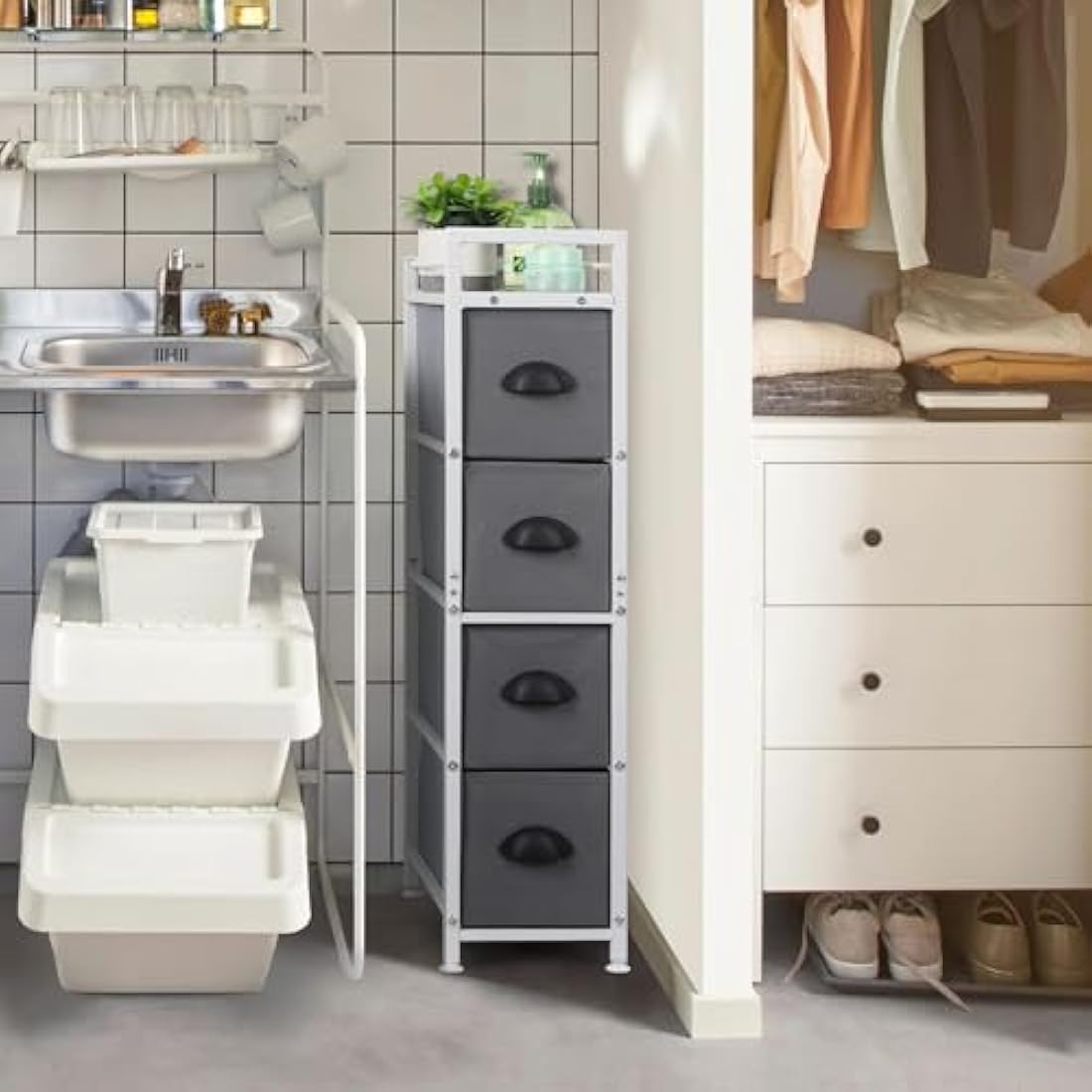 LIANTRAL Narrow Dresser, Vertical Slim Chest of Drawers, Storage Unit with 4 Fabric Drawers and Wooden top for Bathroom Kitchen Living Room Entryway Narrow Space, White and Grey