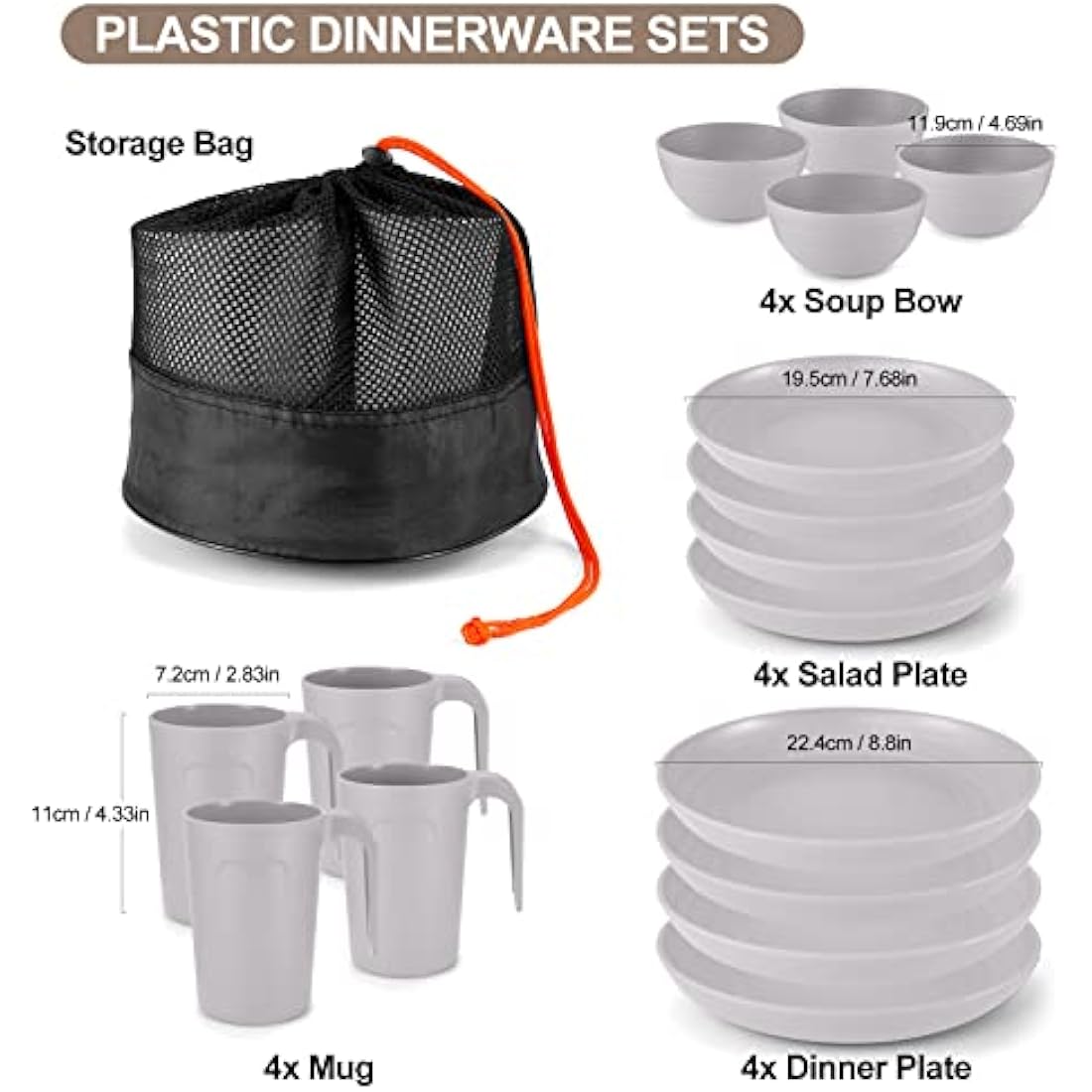 Odoland Lightweight Unbreakable Cutlery Sets for 4 People, Microwave and Dishwasher Safe Plates Bowls Mug Kit, Reusable Dinnerware with Cutlery, for Camping, Kitchen Gray
