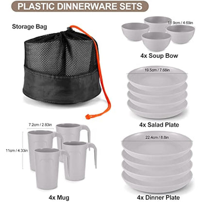 Odoland Lightweight Unbreakable Cutlery Sets for 4 People, Microwave and Dishwasher Safe Plates Bowls Mug Kit, Reusable Dinnerware with Cutlery, for Camping, Kitchen Gray
