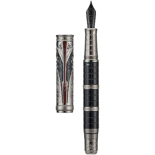 Hong Dian D5 Qin Dynasty Fountain Pen Silver Black Extra Fine Tip Piston Filler Pen Chinese Retro Totem Engraved Soft Writing Pen with Pen Box Set