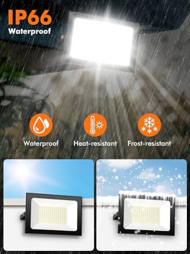 Floodlight Outdoor 2 Pack, 100W 10000LM LED Flood Lights, 6500K Cold White Outside Light, IP66 Waterproof Security Light for Yard, Garden, Garage, Patio, Warehouse