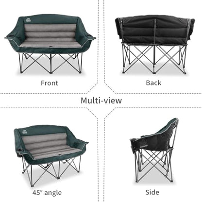 LANMOUNTAIN Fully Padded Folding Double Camping Chairs,Comfy Oversized Loveseat Lawn Chair w/Wine Glass Holder,Cup Holder,Heavy Duty Outdoor Portable Camp Couch Support 600 Lbs,Dark Green