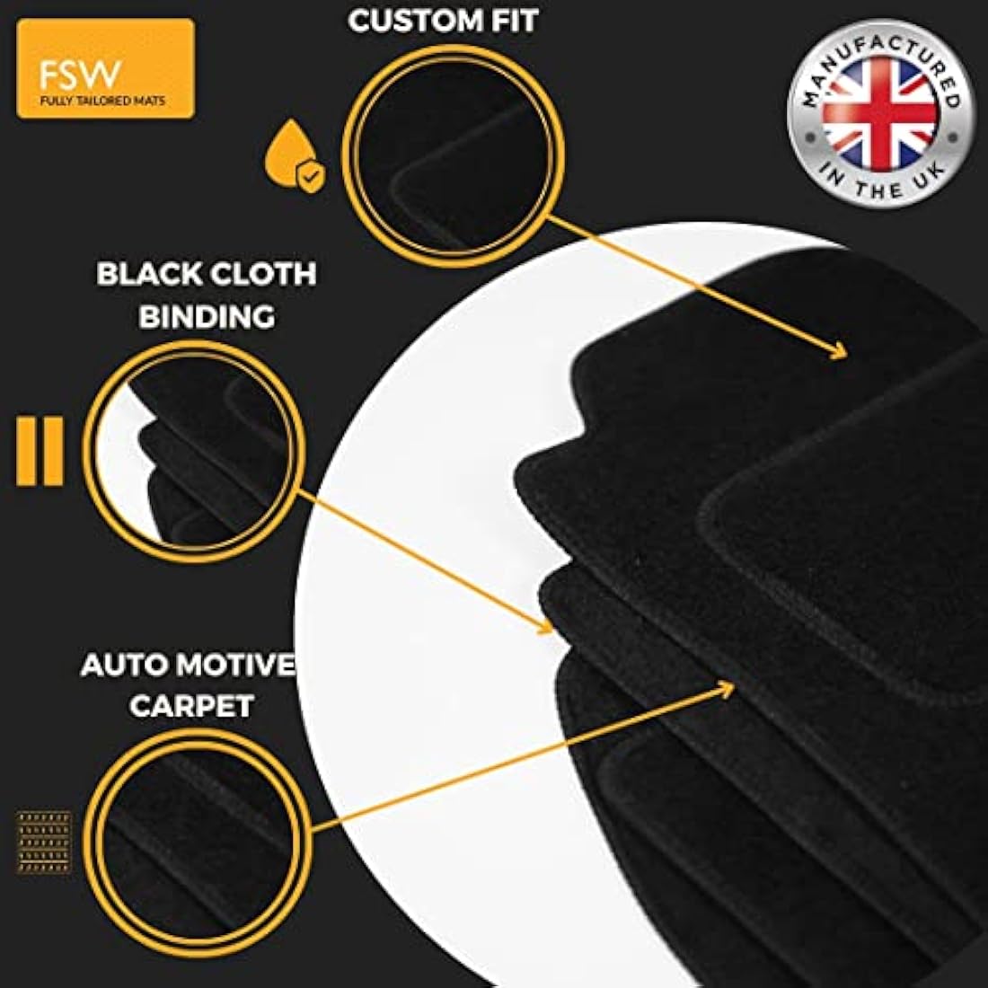 FSW - Car Floor Mats Fit Volkswagen Golf MK6 2008-2012 - Tailored Mats - Black Carpet - Anti Slip Mat - Non Slip Car Floor Mat, Fitted With Clips & Granulated Backing - 4 Pc Floor Mat Only