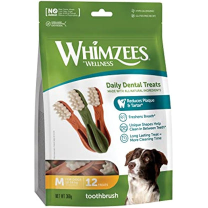 WHIMZEES By Wellness Toothbrush, Natural And Grain-Free Dog Chews, Dog Dental Sticks Medium Breeds, 12 Pieces, Size M