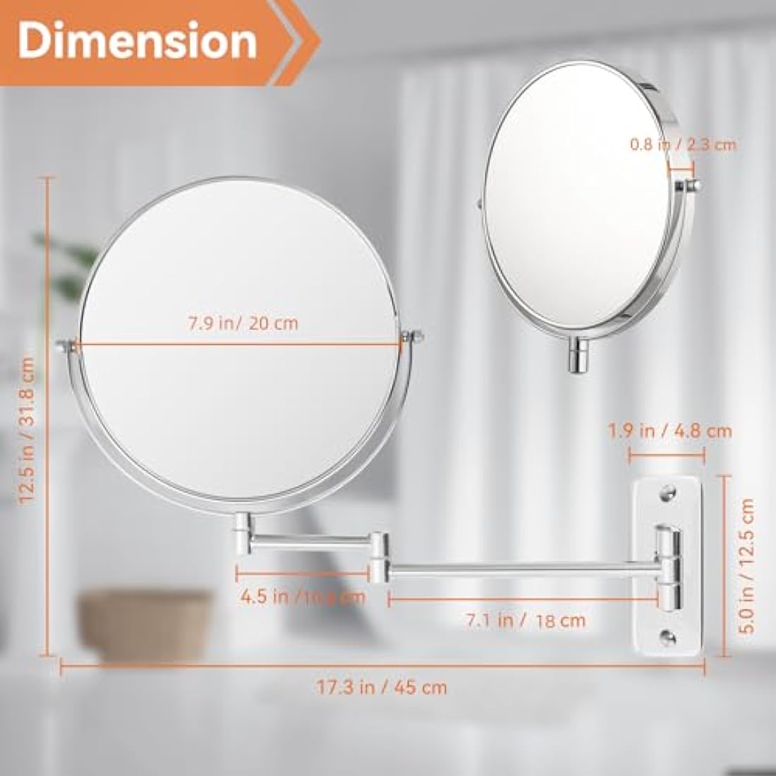AumVum 8 Inch Bathroom Shaving mirrors wall mounted, 1X/10X Magnification Wall Mount Adjustable Makeup & Shaving Mirror, 360° Swivel Dual-Sided Design (Chrome Plated-No Light)