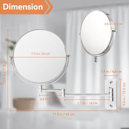 AumVum 8 Inch Bathroom Shaving mirrors wall mounted, 1X/10X Magnification Wall Mount Adjustable Makeup & Shaving Mirror, 360° Swivel Dual-Sided Design (Chrome Plated-No Light)