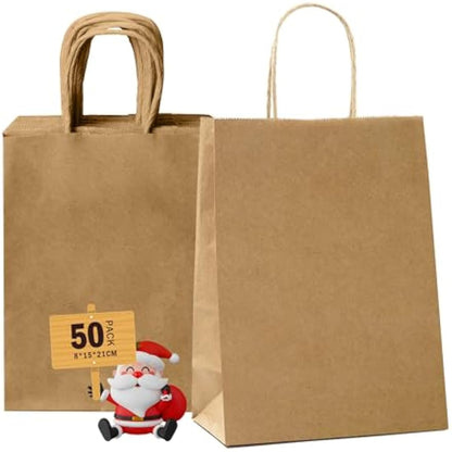 GIFTSAY 50pc Brown Paper Bags with Handles 15X8X21cm Multifunctional Gift Bags for Wedding, Party, Shopping, Retail, Food Service or DIY Crafts