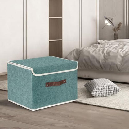 TYEERS Collapsible Storage Box with Lid, Fabric Storage Box for Clothes, Wardrobe Storage, 38x25x25 cm, Set of 3, Aqua Deep