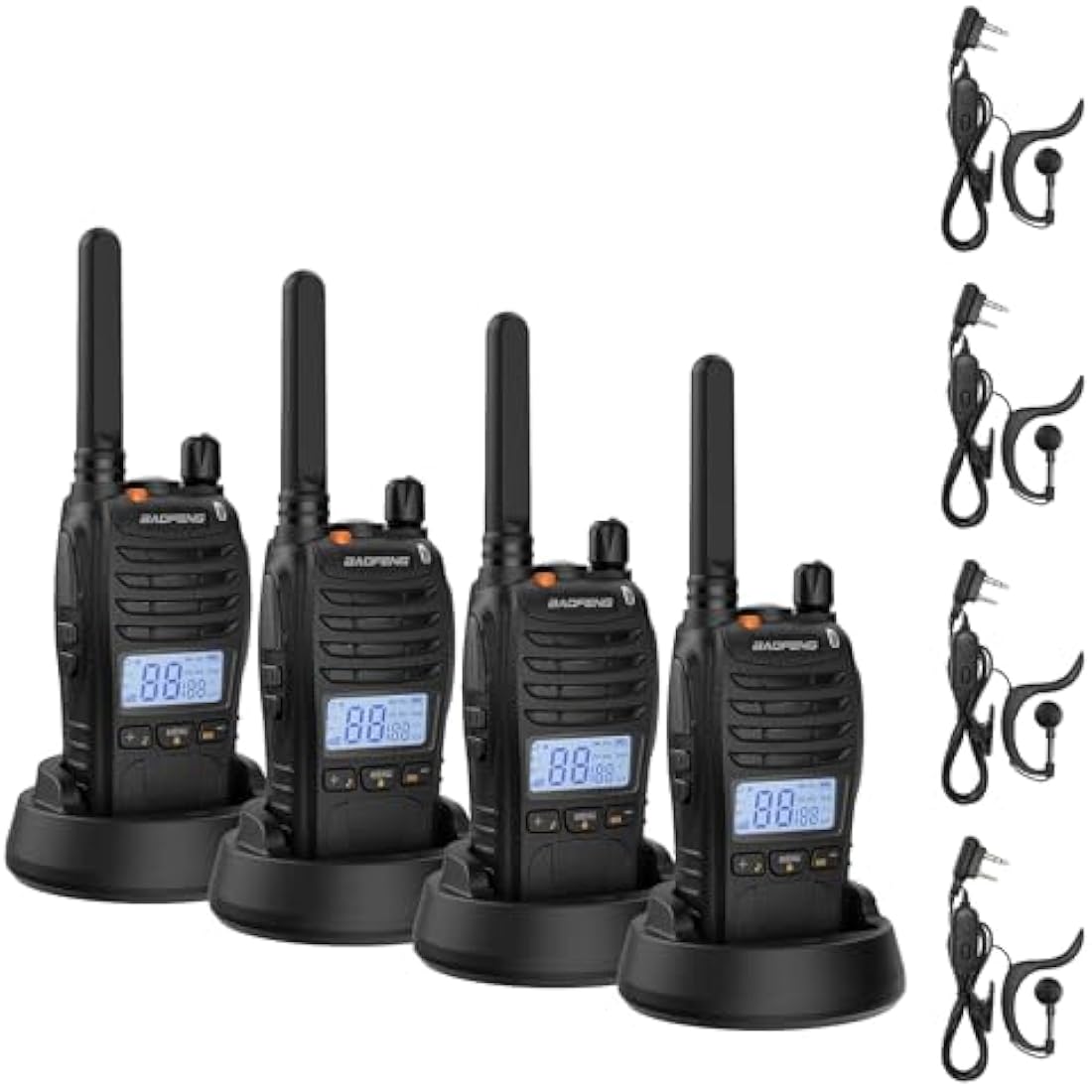 BAOFENG BF-88ST Pro Walkie Talkie, Upgraded Long Range Rechargeable License-Free PMR446 Two Way Radios with LCD Display, VOX Dual, Desktop Charger and Earpieces, 4 Pack