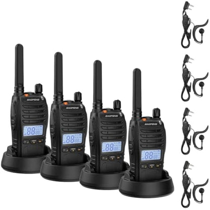 BAOFENG BF-88ST Pro Walkie Talkie, Upgraded Long Range Rechargeable License-Free PMR446 Two Way Radios with LCD Display, VOX Dual, Desktop Charger and Earpieces, 4 Pack