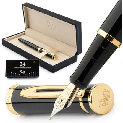 Wordsworth & Black Fountain Pen Set, Medium Nib, Includes 24 Ink Cartridges and Ink Refill Converter, Gift Case, Journaling, Calligraphy, Smooth Writing Pens [Black Gold], Perfect for Men and Women