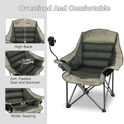 LANMOUNTAIN Oversized XL Folding Camping Chair, Heavy-Duty Support 400Lbs, Comfortable Adult Chair with Cup Holder, Phone Holder, Carry Bag, Perfect for Outdoor Activities (Brown)