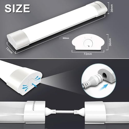 BERIXDEEP 2ft LED Batten Light 6500K Daylight, Linkable Plug in Strip Light for Garage, Workshop, Office, Wall, Kitchen, Shed, Waterproof Plug in Garage Lighting, 2FT, 60cm, 18W