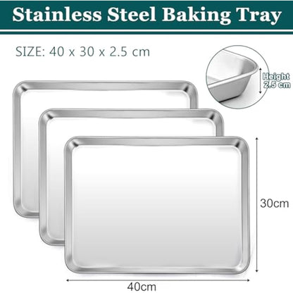 HaWare Baking Tray, Large Stainless Steel Oven Tray Set of 3-40 X 30 X 2.5 cm, Cookie Sheet Pan for Baking/Cooking/Serving, Healthy & Non Toxic, Mirror Finish & Dishwasher Safe