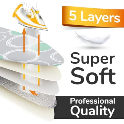 Super Soft 5 Layer Turbo Ironing Board Covers 125 x 45 cm - 50% faster with High Speed Steam Reflection, Made in EU, 100% Cotton Top, 122 x 38, 5 sizes, XL for Dimensions 120-125 x 40-45 cm