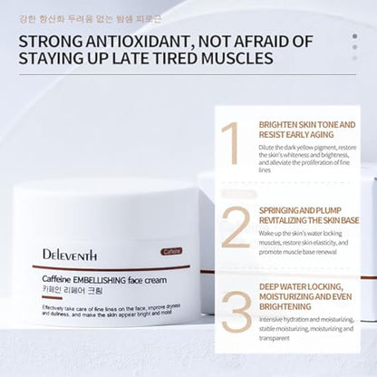 DEleventh Korea Caffeine Embellishing Face Cream 30g / Anti-Aging, with Sodium Hyaluronate & Magnolia Extract, Hydrates, Reduces Wrinkles, Dark Circles, Puffiness & Brightens Skin for a Youthful Glow