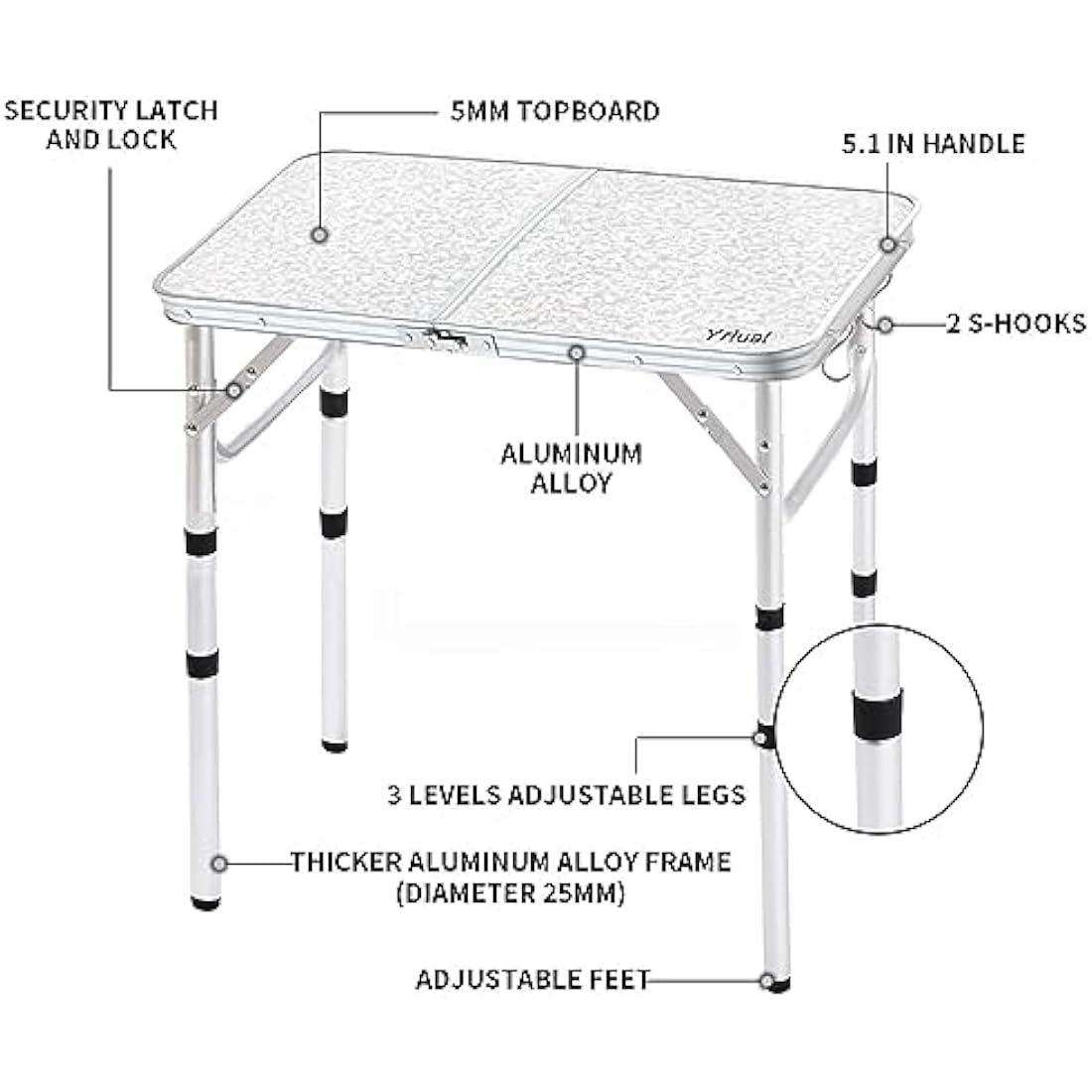 Yriuat Folding Camping Table 2ft Portable Pinic Table Adjustable Height Small Card Table Aluminum Foldable Lightweight with Carry Handle for Outdoor Indoor Hiking Camp BBQ Beach