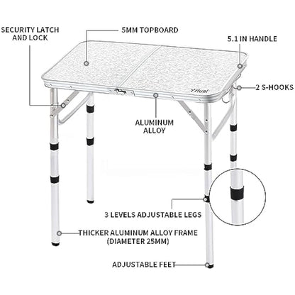 Yriuat Folding Camping Table 2ft Portable Pinic Table Adjustable Height Small Card Table Aluminum Foldable Lightweight with Carry Handle for Outdoor Indoor Hiking Camp BBQ Beach