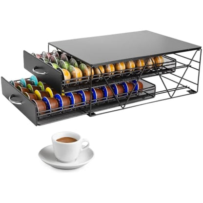 SYSYLY Coffee Pod Holder,2-Tier Coffee Pod Drawer Compatible For Dolce Gusto,Nespreso Vertuoline Pods,Max. Capacity 80 - Coffee Machine Stand - Non-Slip,Pods Dispenser,Metal Drawer.