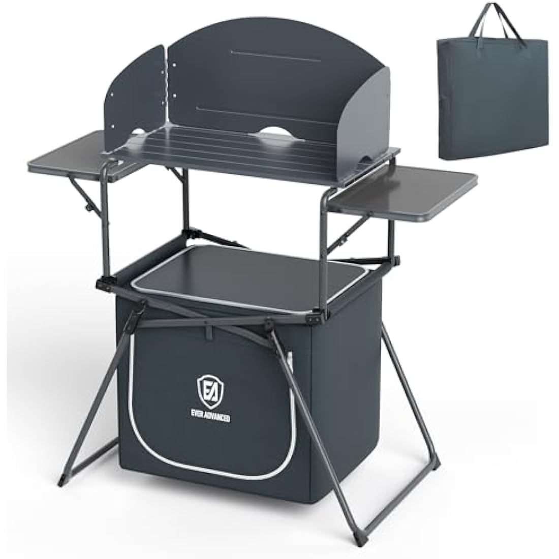 EVER ADVANCED Camping Kitchen Unit with Storage, Folding Outdoor Kitchen Table with Windscreen, Foldable BBQ Table for Camping Storage Picnic Dining Party, Includes Carry Bag