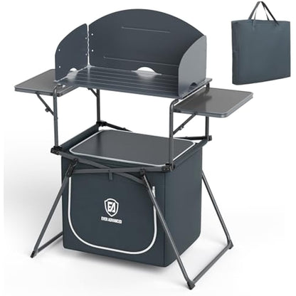 EVER ADVANCED Camping Kitchen Unit with Storage, Folding Outdoor Kitchen Table with Windscreen, Foldable BBQ Table for Camping Storage Picnic Dining Party, Includes Carry Bag