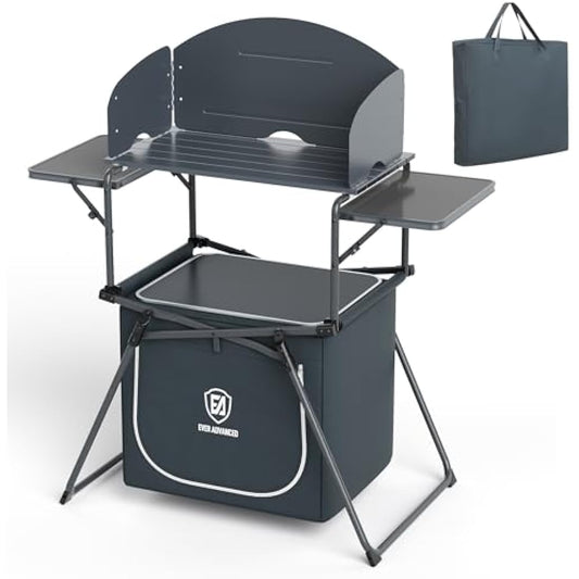 EVER ADVANCED Camping Kitchen Unit with Storage, Folding Outdoor Kitchen Table with Windscreen, Foldable BBQ Table for Camping Storage Picnic Dining Party, Includes Carry Bag