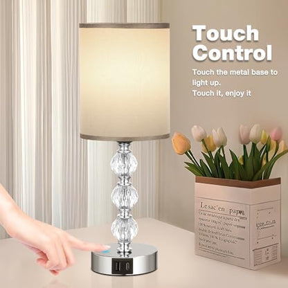 Aooshine Touch Table Lamp, Crystal Grey Bedside Lamps with 3 Way Dimmable, Small Bedside Lamp with USB C+A Charging Ports, Bedroom Lamps with Grey Fabric Shade for Living Room (LED Bulb Included)