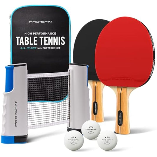 PRO SPIN Portable Table Tennis Set | Premium All-in-One Kit with Retractable Table Tennis Net for Any Table, Bats, 3-Star Ping Pong Balls & Storage Case | Great Gift & Indoor/Outdoor Game