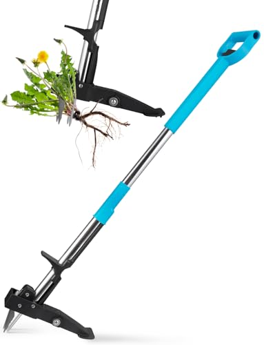 YISSVIC Mechanical Weed Puller Tool - Stainless Steel 4-Claw with Foot Pedal, Telescopic Root Remover for Garden, Stand-up Design (Blue)