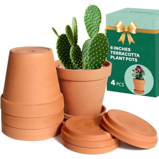 vensovo 15cm Clay Pot for Plant with Saucer - 4 Pack Large Terra Cotta Plant Pots with Drainage Hole, Flowerpot with Tray, Terracotta Planter for Indoor Outdoor Plant