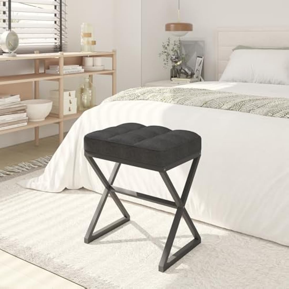 YMYNY Vanity Stool, Linen Footrest, Square Ottoman Bench with X-Shaped Metal Legs, Small Side Table Makeup Dressing Seat for Living Room, Bedroom, Entryway, Hallways 40×30×46CM Black HBD033B