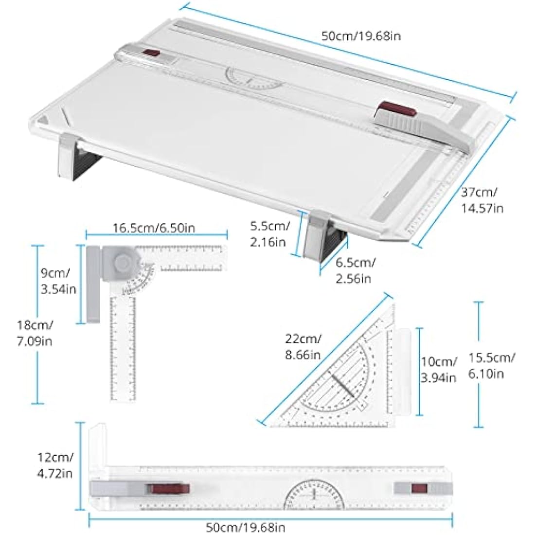 eSynic A3 Drawing Board Set, A3 Multifunction Drafting Table Adjustable Measuring System Angle Parallel Motion Drawing Board with Protractor, Paper Locator, Sliding Ruler, Anti Slip Support Leg