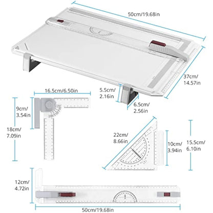 eSynic A3 Drawing Board Set, A3 Multifunction Drafting Table Adjustable Measuring System Angle Parallel Motion Drawing Board with Protractor, Paper Locator, Sliding Ruler, Anti Slip Support Leg